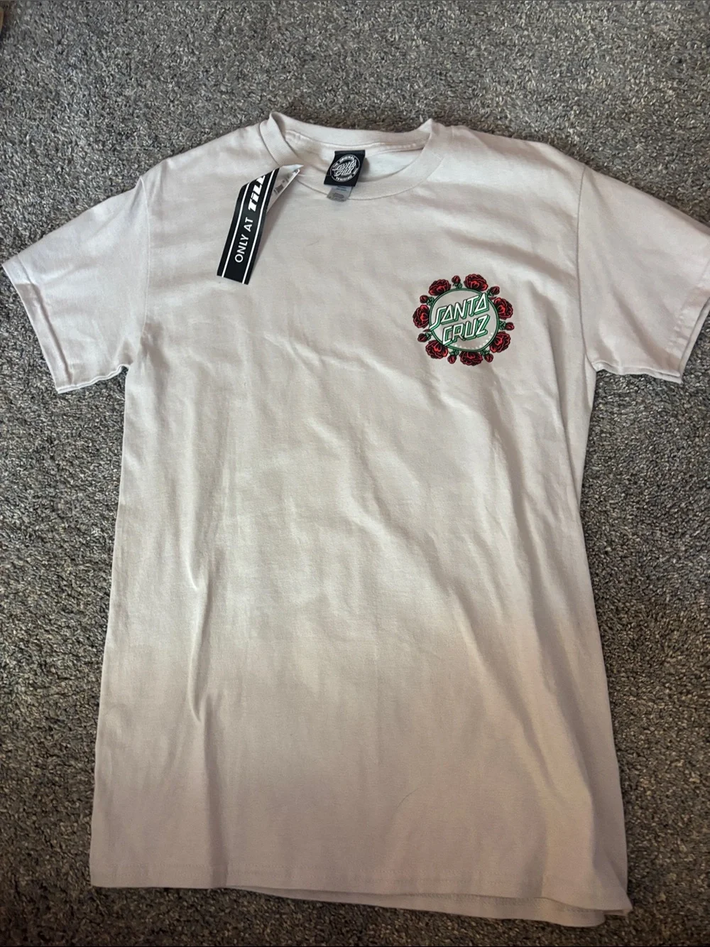 Santa Cruz Skateboards White Tee with Green Logo and Red Rose Detail